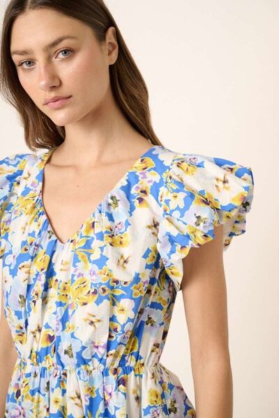 Mittoshop Floral V-Neck Cap Sleeve Mini Dress Casual Dresses