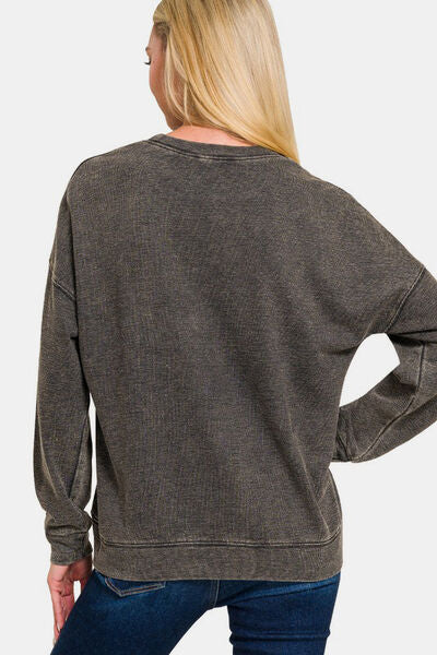 Zenana Washed Round Neck Dropped Shoulder Sweatshirt Hoodies & Sweaters