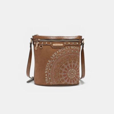 Nicole Lee USA Metallic Stitching Embroidery Inlaid Rhinestone Crossbody Bag Brown One Size Bags