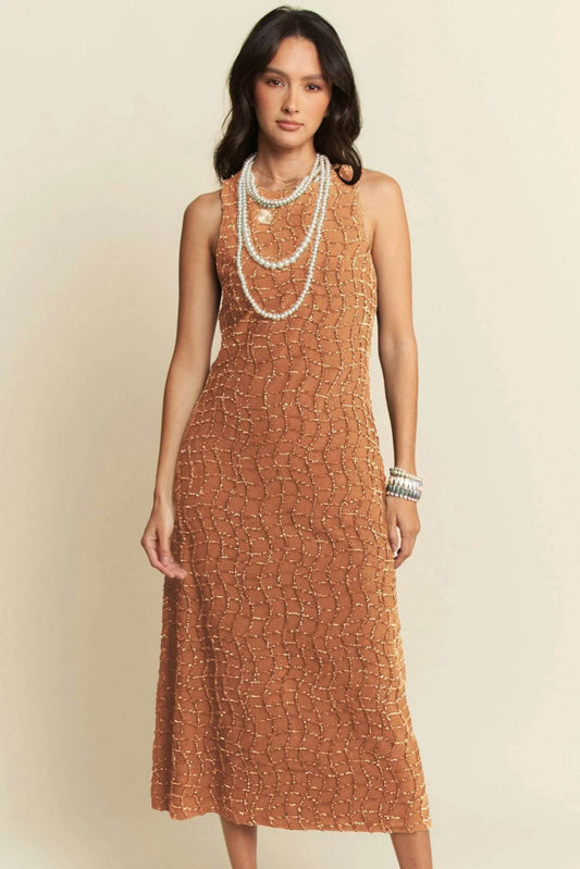 Davi & Dani Golden Textured Zippered Midi Dress - Shop Style & More | Fresh Looks, Everyday Deals & Free Shipping