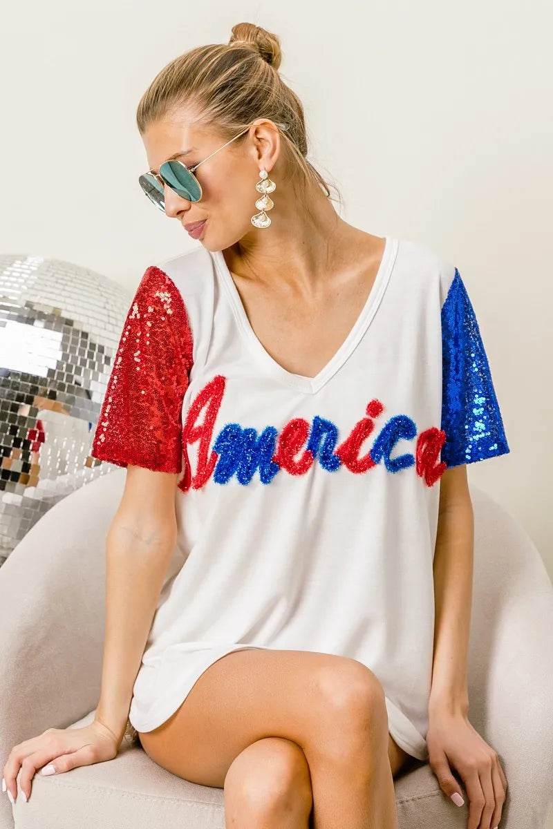 BiBi Metallic Letter V-neck Sequin Sleeves Top - Shop Style & More | Fresh Looks, Everyday Deals & Free Shipping