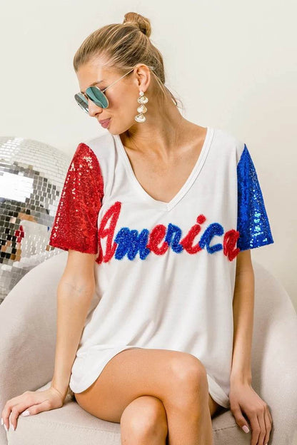 BiBi Metallic Letter V-neck Sequin Sleeves Top - Shop Style & More | Fresh Looks, Everyday Deals & Free Shipping