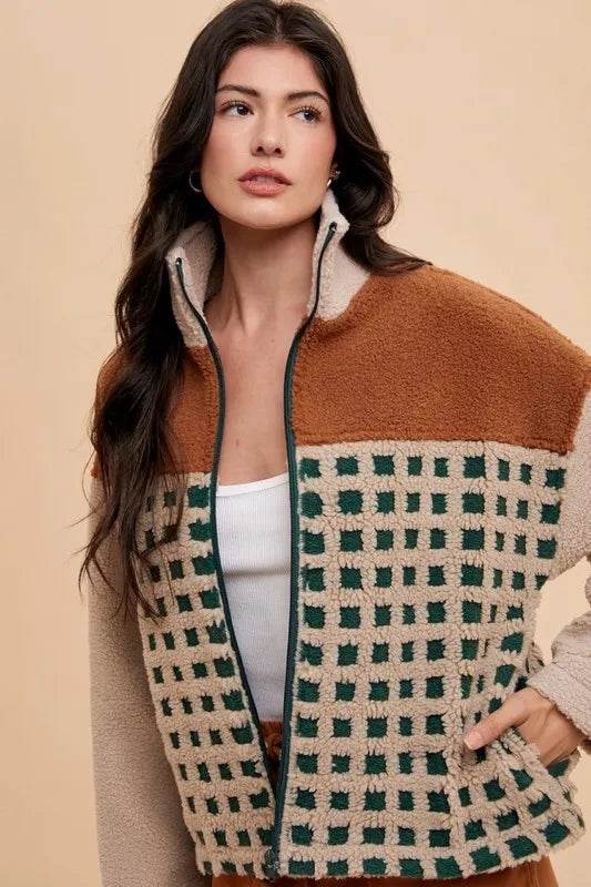 Annie Wear Plaid Zip Up Drop Shoulder Sherpa Jacket - Shop Style & More | Fresh Looks, Everyday Deals & Free Shipping