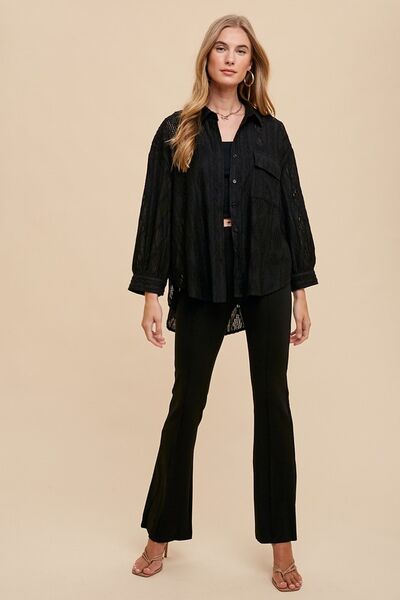 Annie Wear Openwork Button Down Drop Shoulder Shirt Blouses