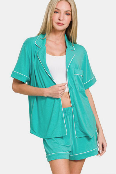 Zenana Button Down Short Sleeve Top and Shorts Lounge Set Lounge Set