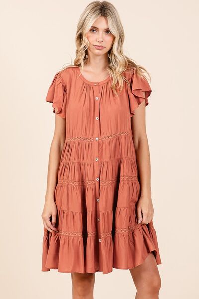 Mittoshop Lace Detail Ruffled Button Down Tiered Dress Casual Dresses