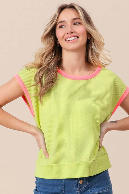 BiBi Cord Rib Knit Contrast Banded Top - Shop Style & More | Fresh Looks, Everyday Deals & Free Shipping