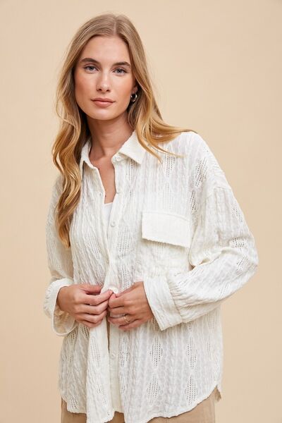 Annie Wear Openwork Button Down Drop Shoulder Shirt Blouses