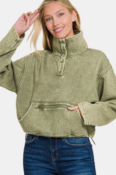 Zenana Acid Wash Fleece Half Snap Sweatshirt with Pocket LT Olive Hoodies & Sweaters