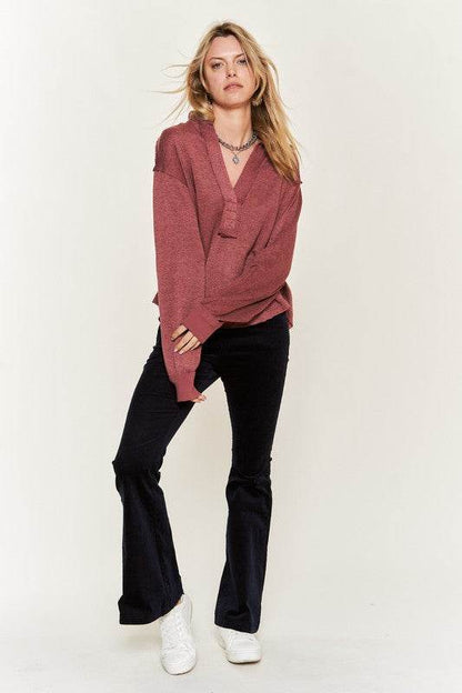 Deep V-neck Collared Long sleeve Knit Top JJT1024 - Shop Style & More | Fresh Looks, Everyday Deals & Free Shipping