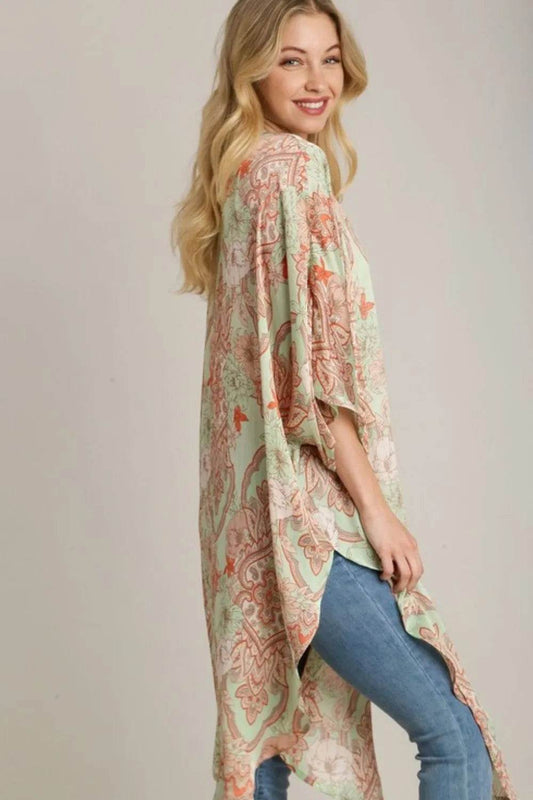 Umgee Full Size Mixed Print Open Front Kimono with Ruffle Sleeves Plus Size - Shop Style & More | Fresh Looks, Everyday Deals & Free Shipping