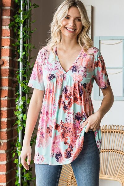 Heimish Floral V-Neck Babydoll Blouse - Full Size Short Sleeve Top Blouses