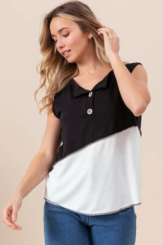 BiBi Color Block Contrast Stitching Buttoned Henley Top - Shop Style & More | Fresh Looks, Everyday Deals & Free Shipping