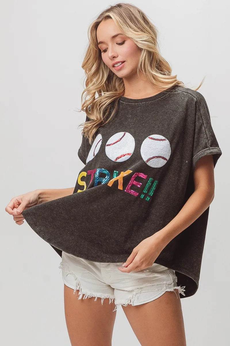 BiBi Sequin Baseballs Strike Washed Short Sleeve Top - Shop Style & More | Fresh Looks, Everyday Deals & Free Shipping