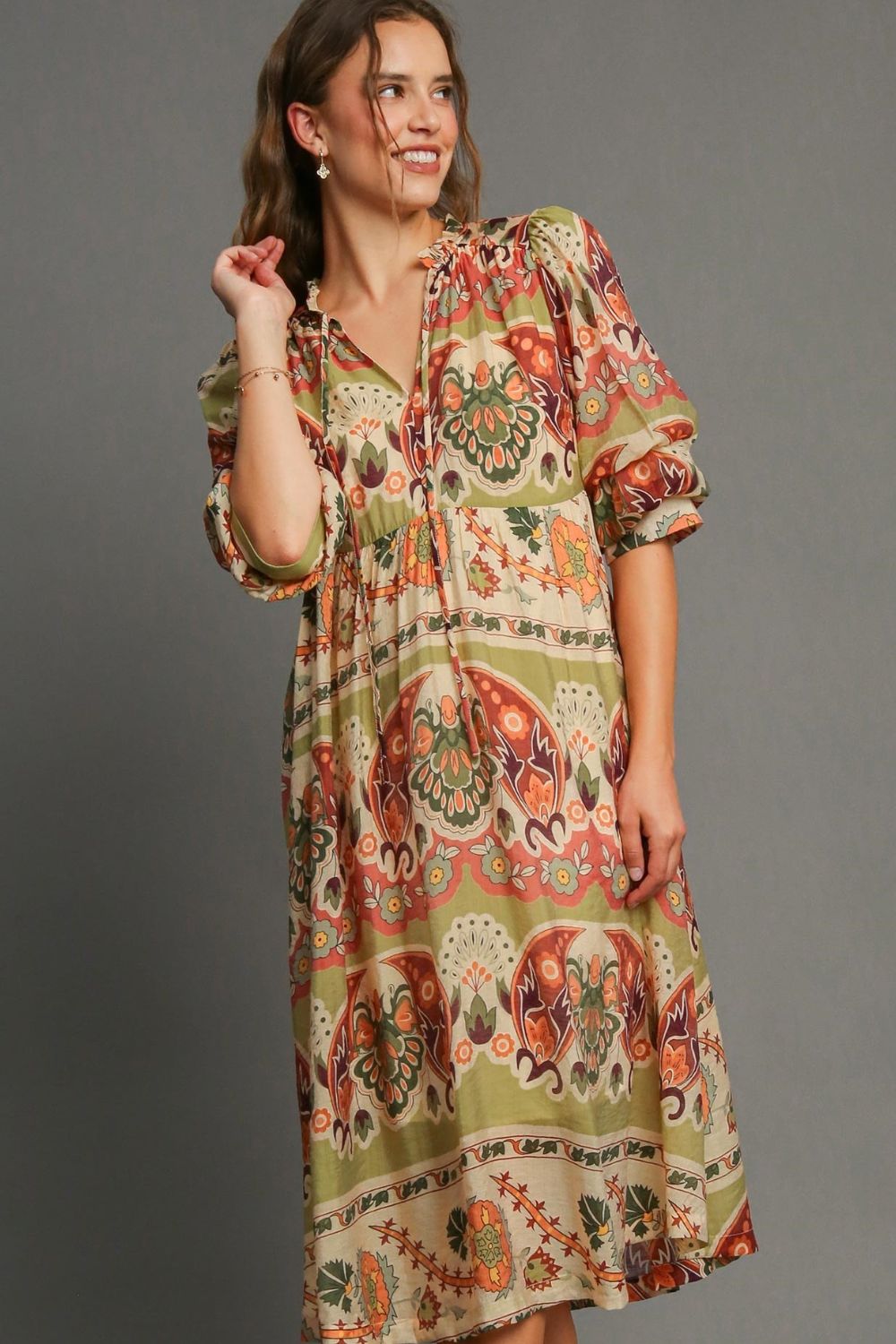 Umgee Full Size Tiered Border Print Midi Dress Plus Size Casual Dresses