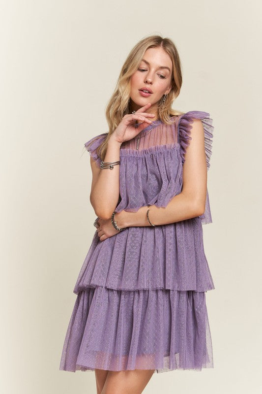 ADORA Layered Ruffled Cap Sleeve Mesh Dress Mauve Casual Dresses