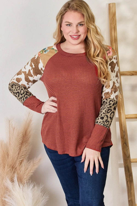 Hailey & Co Full Size Leopard Waffle-Knit Blouse - Shop Style & More | Fresh Looks, Everyday Deals & Free Shipping