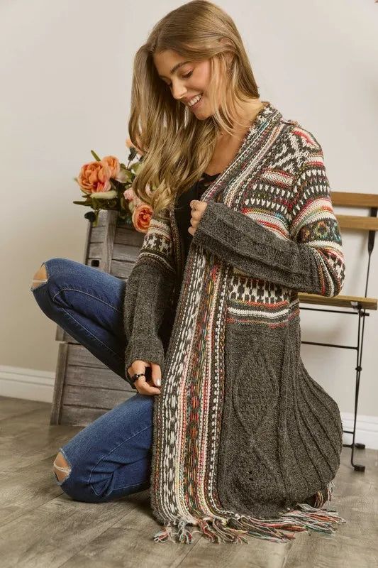 ADORA Full Size Fringe Hem Aztec Cardigan Plus Size Women's Outerwear