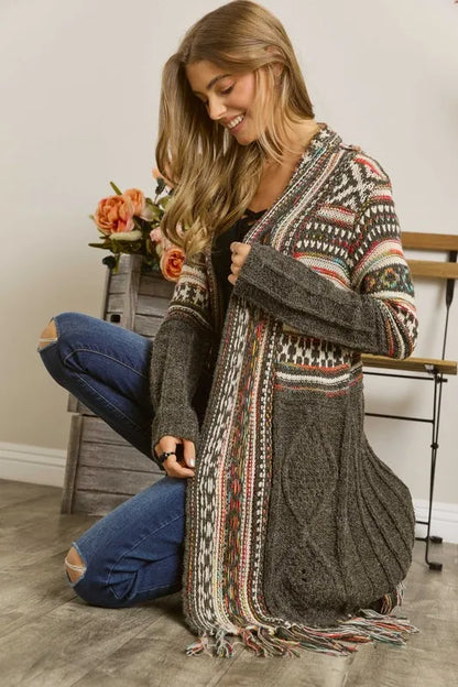 ADORA Full Size Fringe Hem Aztec Cardigan Plus Size Women's Outerwear