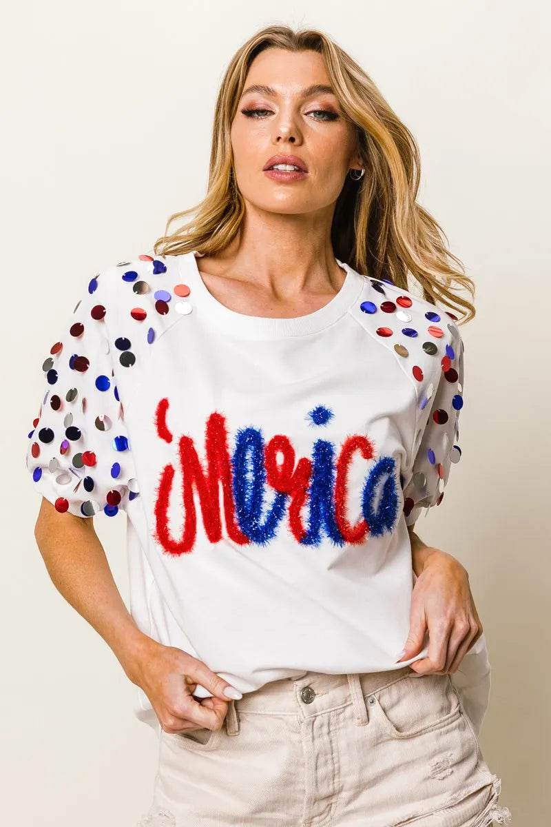 BiBi Metallic Letter Spangle Raglan Puff Sleeve Top - Shop Style & More | Fresh Looks, Everyday Deals & Free Shipping