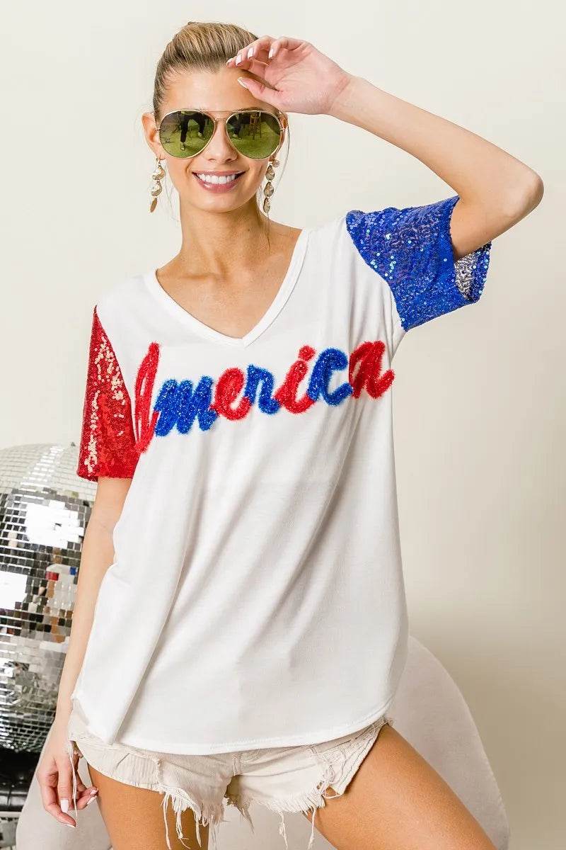 BiBi Metallic Letter V-neck Sequin Sleeves Top - Shop Style & More | Fresh Looks, Everyday Deals & Free Shipping