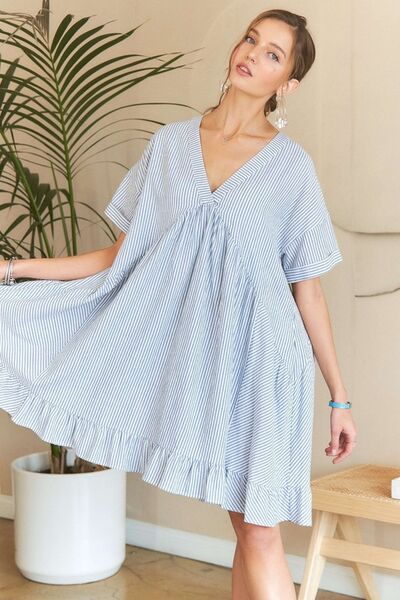 ADORA Ruffled Hem Striped V-Neck Babydoll Dress Casual Dresses