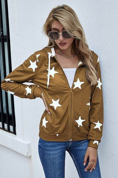 Stars Print Zip Up Long Sleeve Drawstring Hoodie - Shop Style & More | Fresh Looks, Everyday Deals & Free Shipping