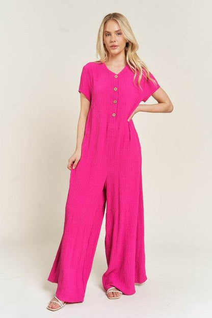 TEXTURED SHORT SLEEVE JUMPSUIT - Shop Style & More | Fresh Looks, Everyday Deals & Free Shipping