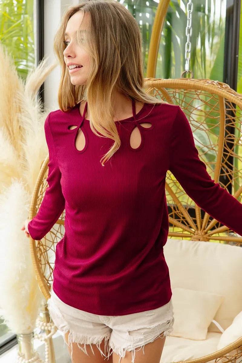 BiBi Rib Knit With Cut Out and Tied Neck Detailed Top - Shop Style & More | Fresh Looks, Everyday Deals & Free Shipping