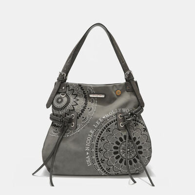 Nicole Lee USA Side Braided Tassel Inlaid Rhinestone Embroidery Hobo Bag Gray One Size Bags