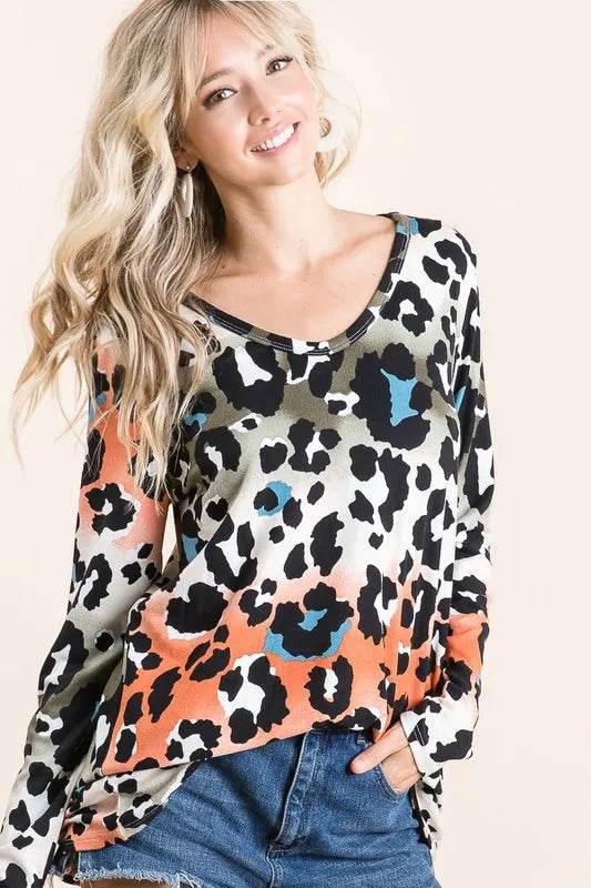 BiBi Gradation Leopard Print Soft Knit Deep U Neck Top - Shop Style & More | Fresh Looks, Everyday Deals & Free Shipping