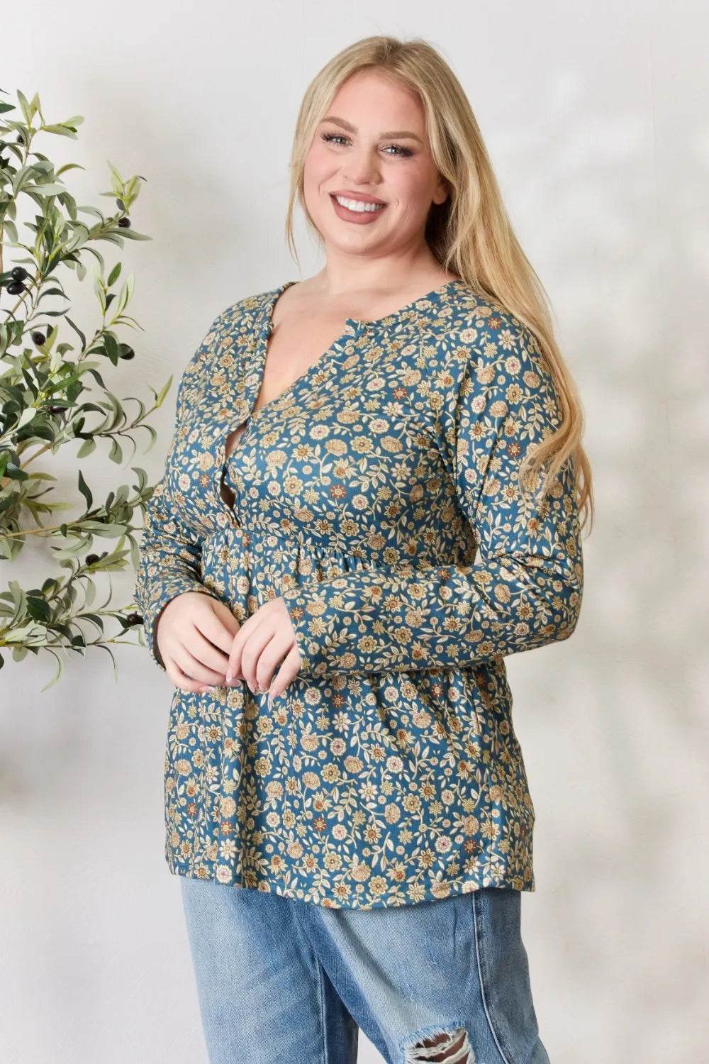 Heimish Full Size Floral Half Button Long Sleeve Blouse - Shop Style & More | Fresh Looks, Everyday Deals & Free Shipping