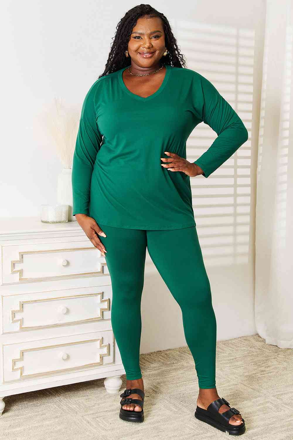 Zenana Lazy Days Full Size Long Sleeve Top and Leggings Set Dark Green Lounge Set