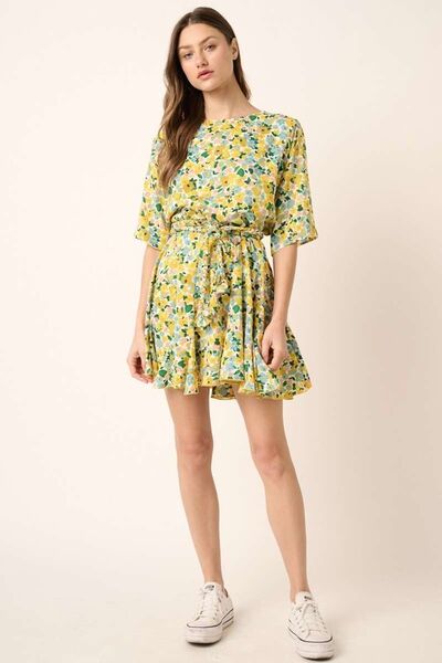 Mittoshop Floral Tie Waist Half Sleeve Mini Dress Casual Dresses