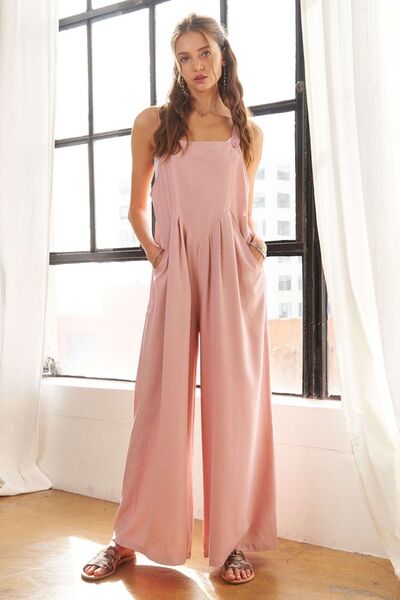 ADORA Square Neck Wide Leg Overalls with Pockets Jumpsuits