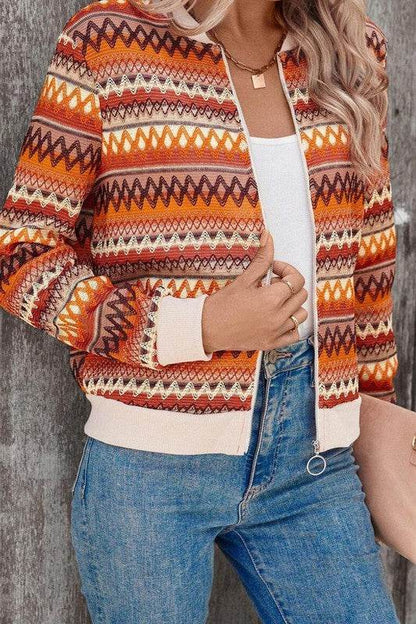 Orange Boho Striped Zip Up Long Sleeve Jacket - Shop Style & More | Fresh Looks, Everyday Deals & Free Shipping