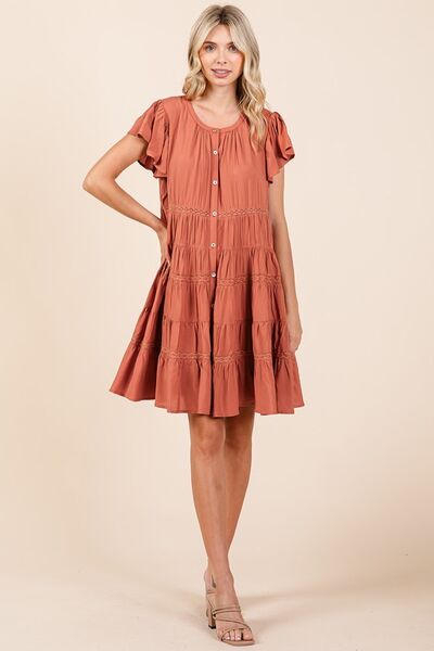 Mittoshop Lace Detail Ruffled Button Down Tiered Dress Casual Dresses