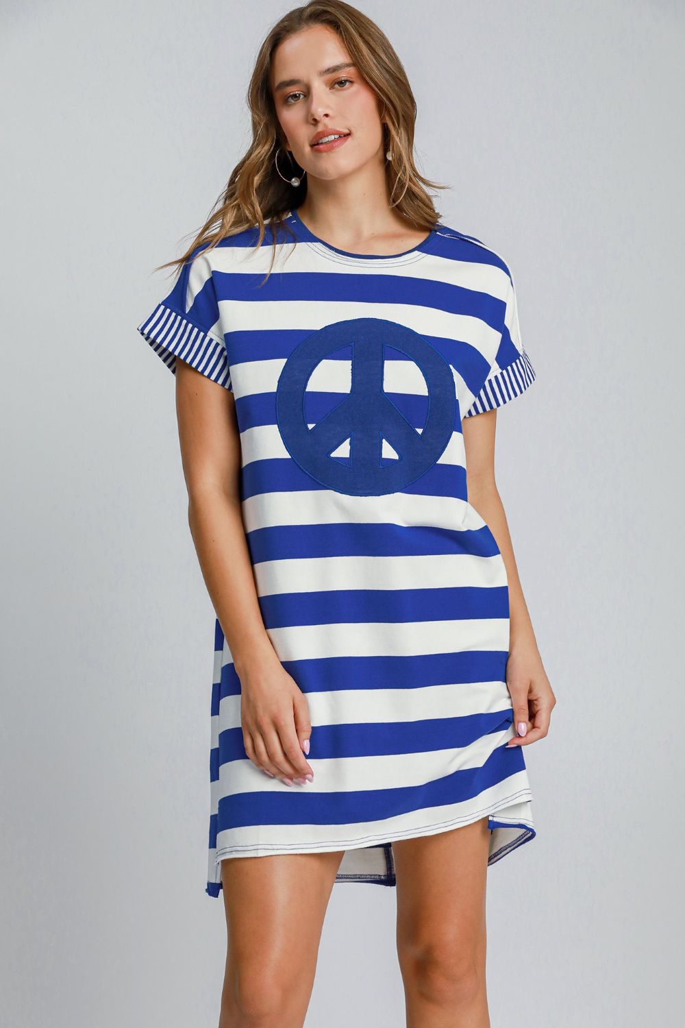 Umgee Peace Applique Striped Short Sleeve Mini Dress Royal Blue Casual Dresses