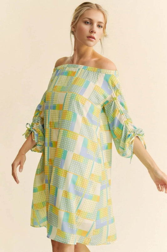 Davi & Dani Printed Off Shoulder Drawstring Sleeve Mini Dress - Shop Style & More | Fresh Looks, Everyday Deals & Free Shipping