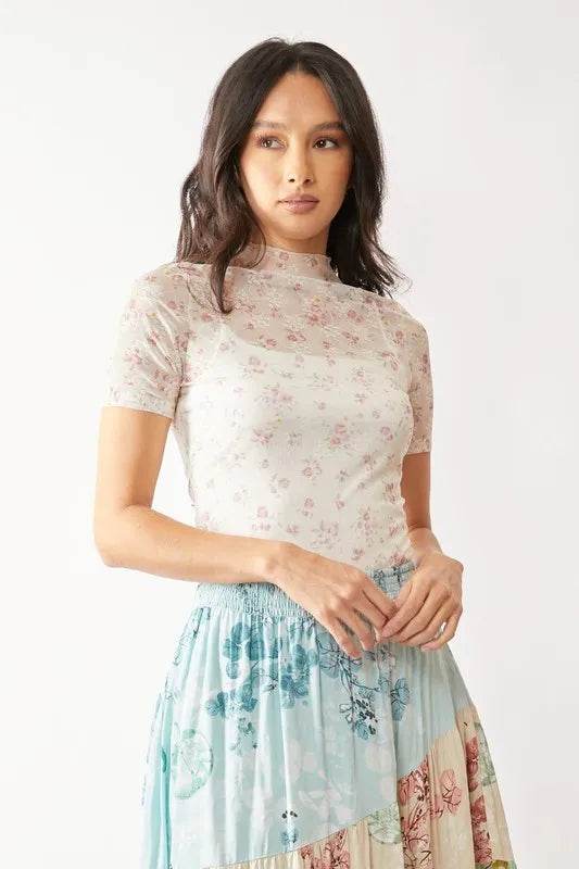 Davi & Dani Floral Mesh Mock Neck Short Sleeve Top - Shop Style & More | Fresh Looks, Everyday Deals & Free Shipping