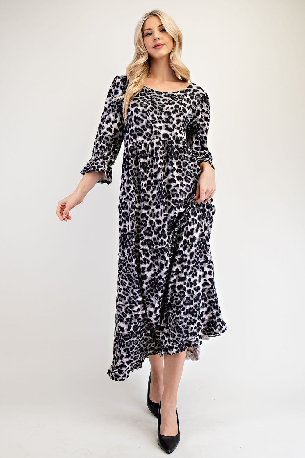 Celeste Full Size Leopard Round Neck Flounce Sleeve Dress Casual Dresses