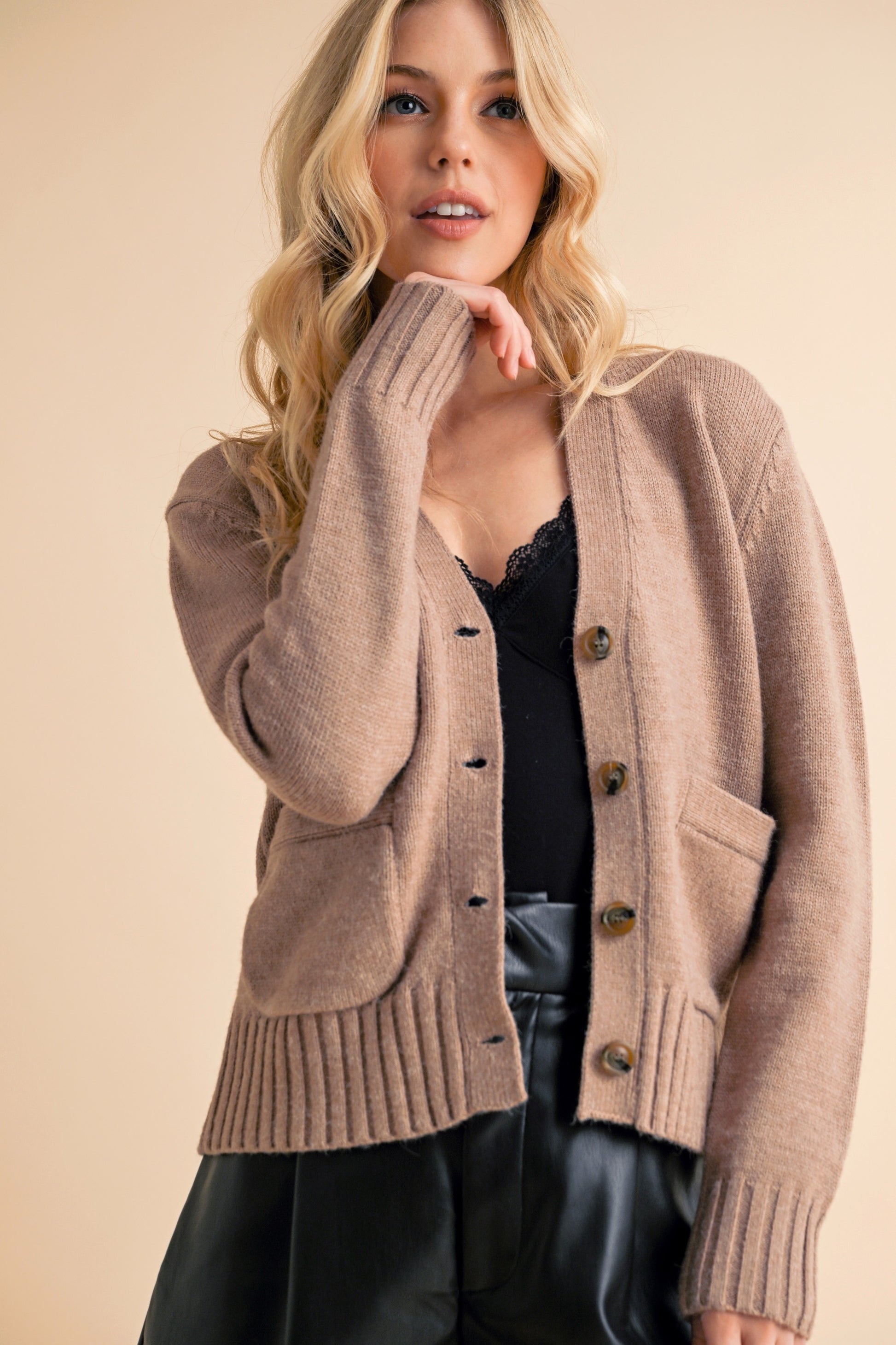 Aemi + Co Ribbed Hem Button Down V-Neck Cardigan Mocha Hoodies & Sweaters