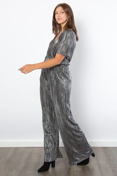 Be Stage Surplice Short Sleeve Pleated Foil Jumpsuit Jumpsuits