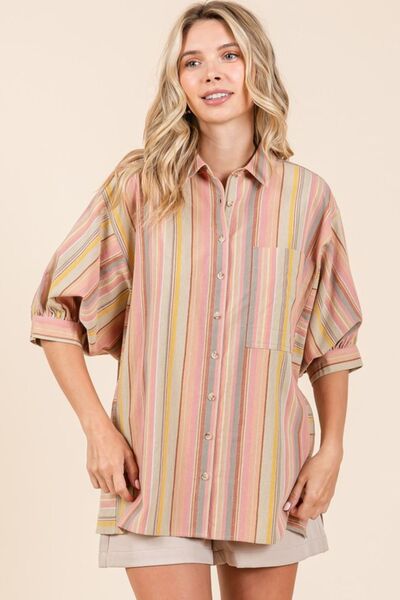 Mittoshop Striped Bubble Sleeve Button Down Shirt Blouses