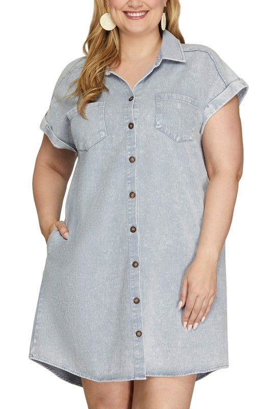 She + Sky Full Size Folded Cuff Button Down Washed Twill Shirt Dress Plus Size Casual Dresses