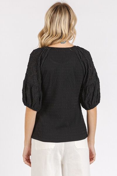 Mittoshop Mixed Media Textured Knit Popcorn Puff Sleeve Blouse Blouses