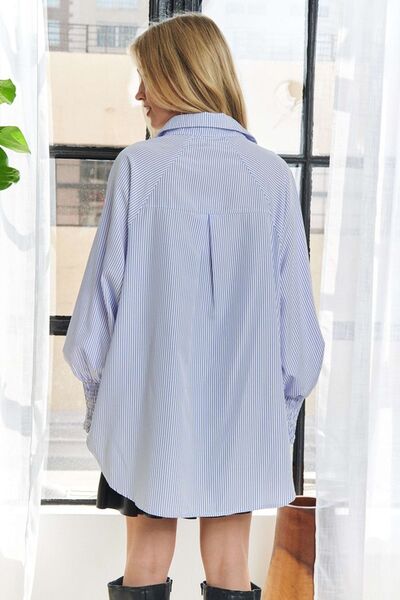 ADORA High-Low Striped Button Down Smocked Lantern Sleeve Shirt Blouses