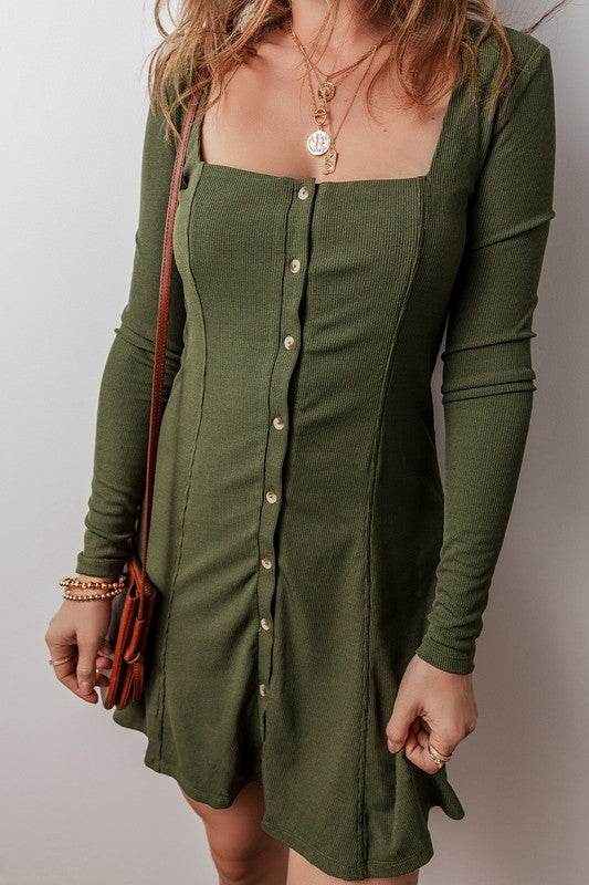 Knit Square Neck Buttoned Long Sleeve Mini Dress - Shop Style & More | Fresh Looks, Everyday Deals & Free Shipping