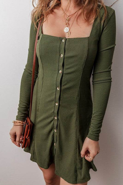 Knit Square Neck Buttoned Long Sleeve Mini Dress - Shop Style & More | Fresh Looks, Everyday Deals & Free Shipping