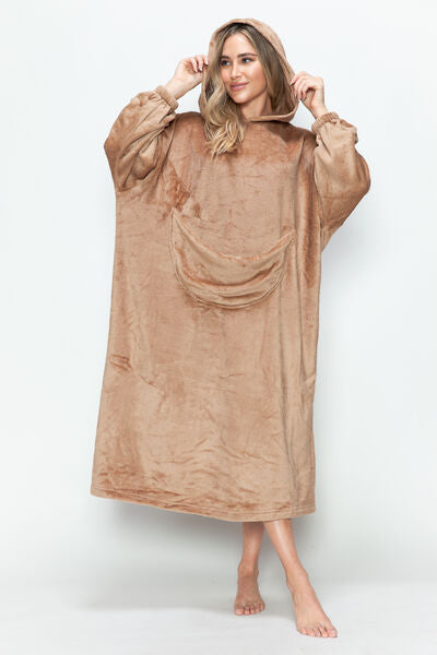 Double Take Full Size Pocketed Hooded Midi Lounge Dress Mocha Sleepwear